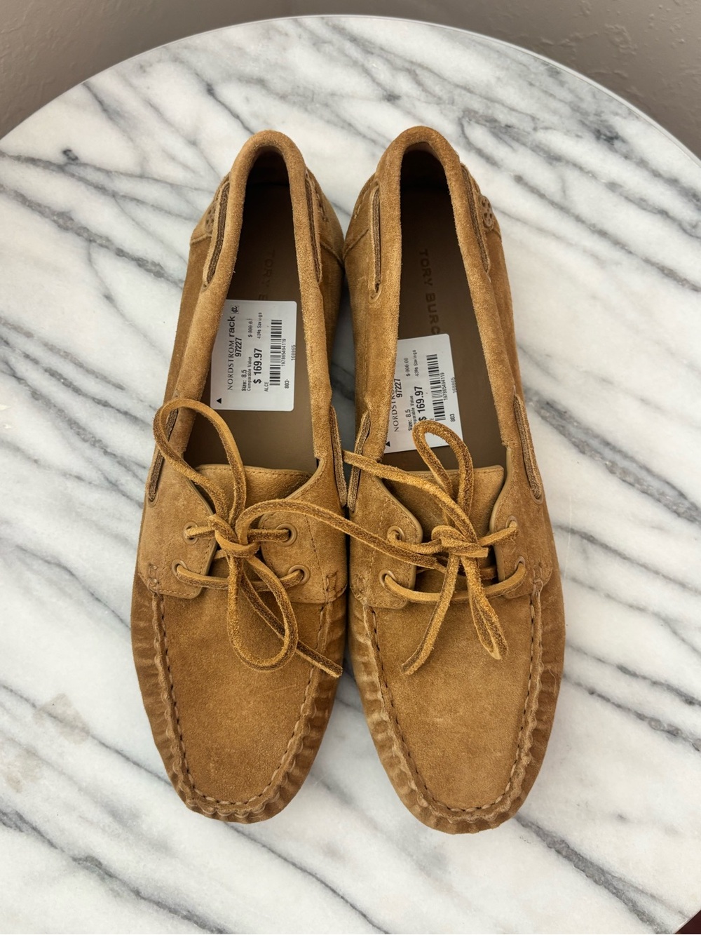 Tory Burch Suede Lace-Up Driving Moccasins in Tan